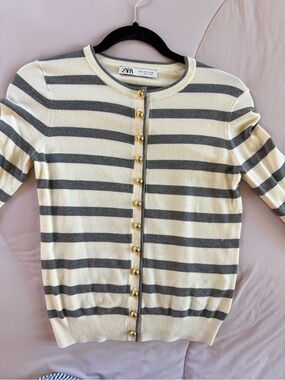 Zara Cream and Gray Striped Gold-Button Cardigan